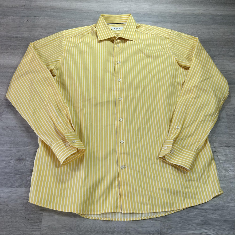 Eton Shirt Mens 17 43 Yellow Stripe Contemporary Fit Cotton Dress Long Sleeve